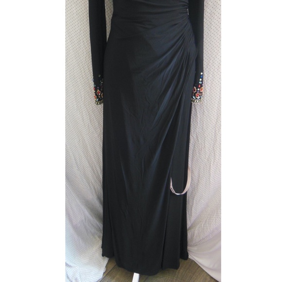 NEW Mac Duggal Black OFF THE SHOULDER Jersey JEWEL CUFFS Ruched HIGH SLIT GOWN 2 - Picture 7 of 14